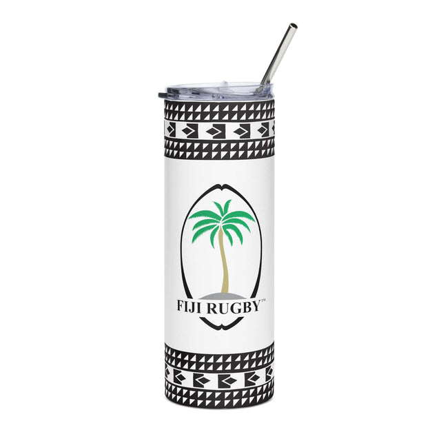 A Fiji Throwback White Stainless Steel Tumbler featuring a stainless steel construction with a palm tree design, made by PF LIC.