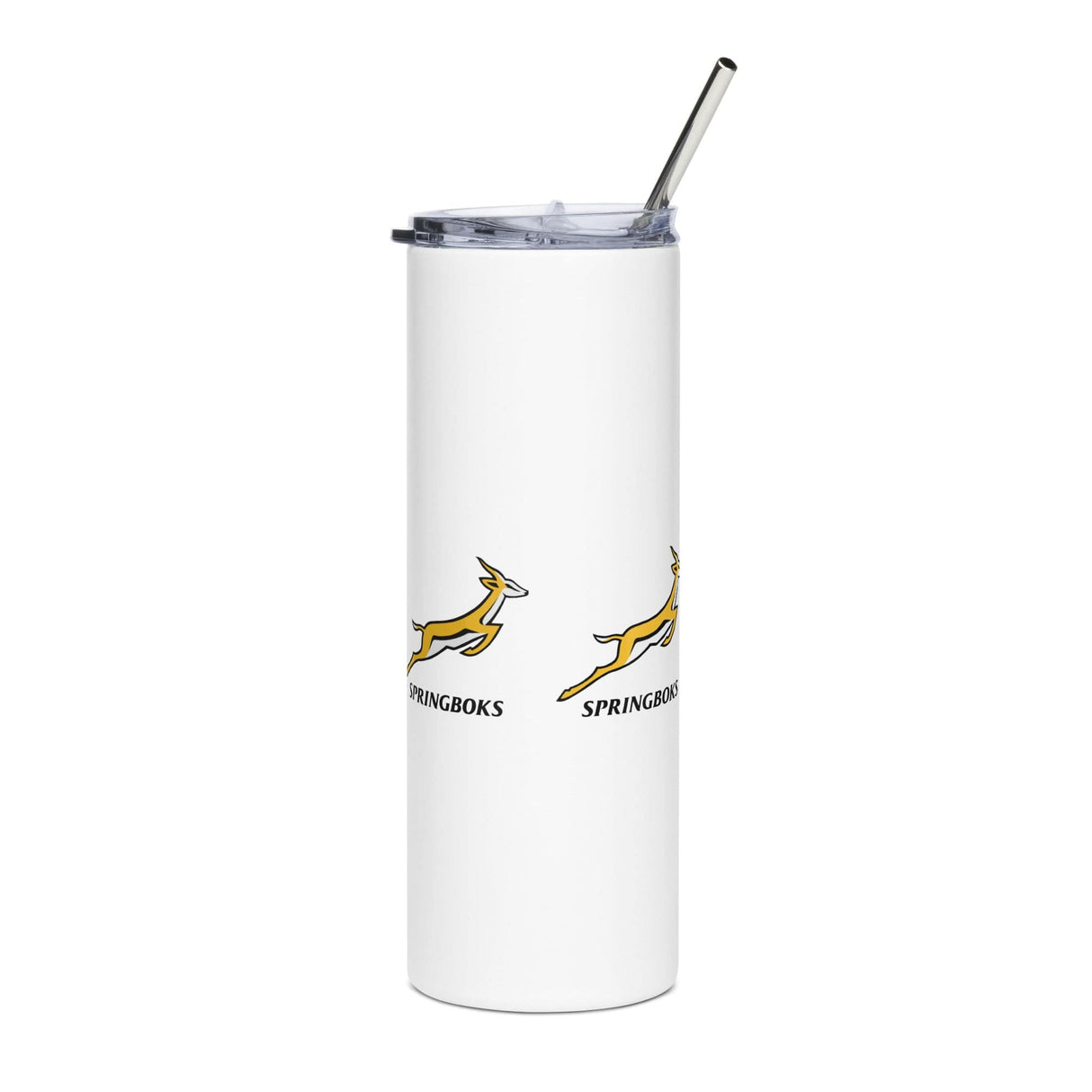 An official Springboks White Stainless Steel Tumbler with a straw and an image of a zebra.