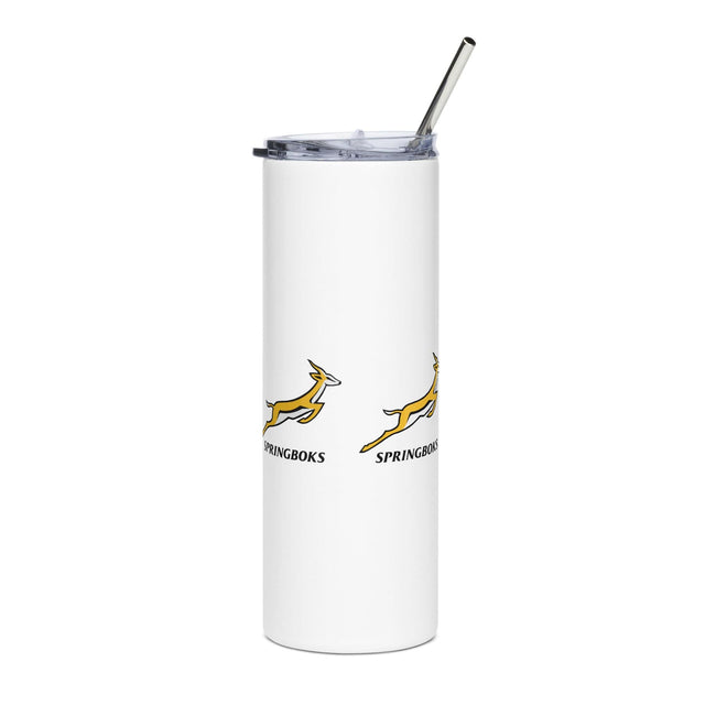 An official Springboks White Stainless Steel Tumbler with a straw and an image of a zebra.
