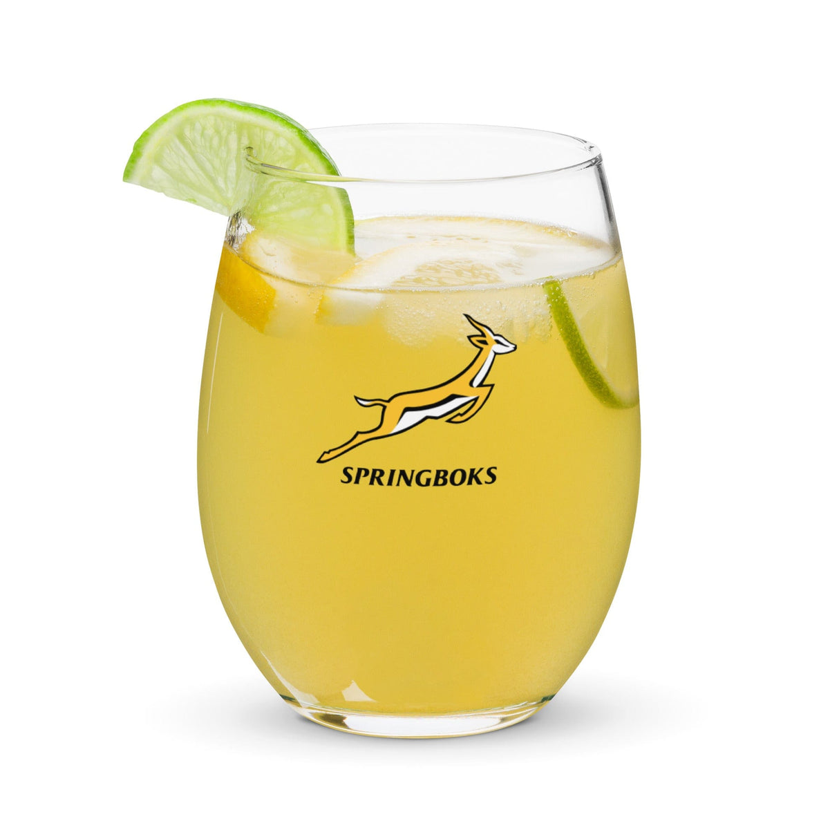 A Springboks Stemless Wine Glass with a lime wedge and a PF LIC styrofoam cup made of glass material.