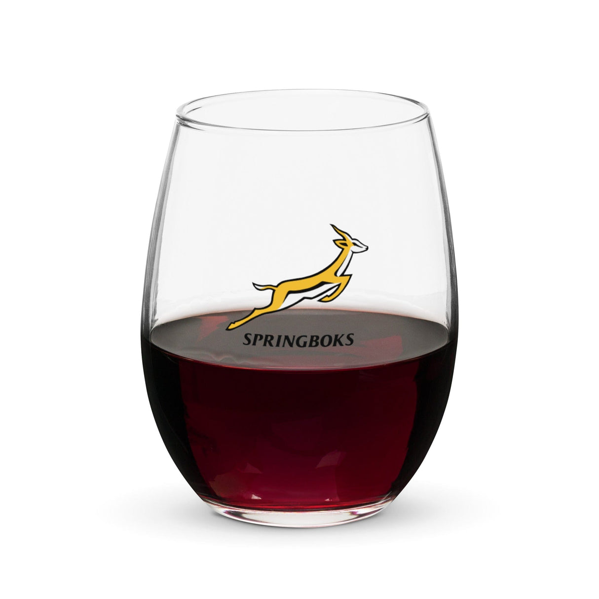 A Springboks Stemless Wine Glass made of glass material featuring a kangaroo by PF LIC.