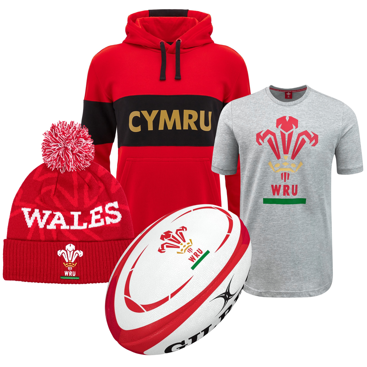 The Welsh Fan Gift Set by Fast Bundle includes Wales rugby merchandise such as a red and black hoodie, a gray T-shirt, a red beanie, and a rugby ball.