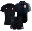 The San Diego Legion Rugby Academy 3-Piece Bundle by Fast Bundle features a black T-shirt, black rugby shorts, and a black and gray polo shirt with Vapodri Technology and red & white SD logo—ideal for stylish training or attending Rugby Academy.