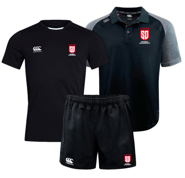 The San Diego Legion Rugby Academy 3-Piece Bundle by Fast Bundle features a black T-shirt, black rugby shorts, and a black and gray polo shirt with Vapodri Technology and red & white SD logo—ideal for stylish training or attending Rugby Academy.