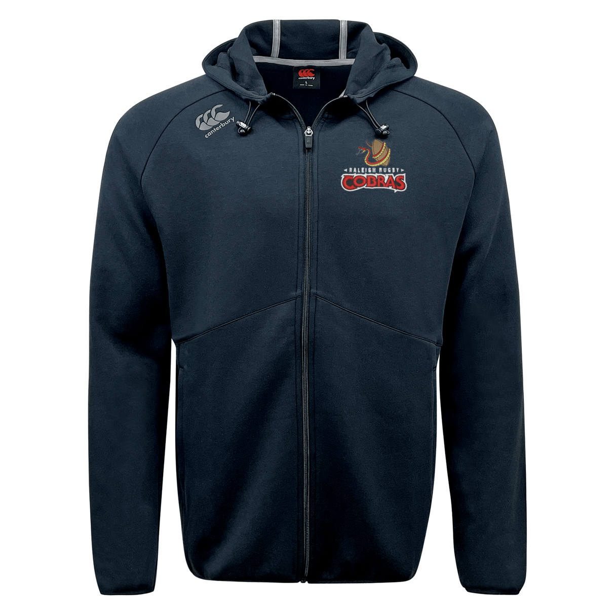 A EMB Canterbury Rugby Tempo Full Zip-Hoodie in navy with an embroidered logo of the Raleigh Cobras.