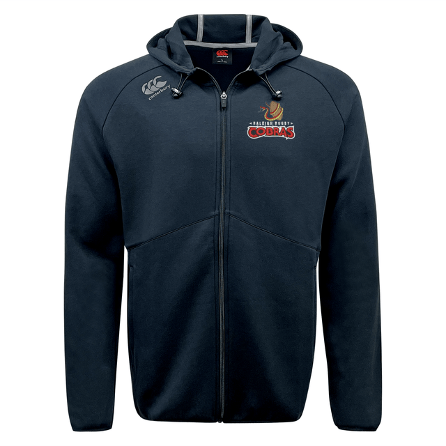A EMB Canterbury Rugby Tempo Full Zip-Hoodie in navy with an embroidered logo of the Raleigh Cobras.