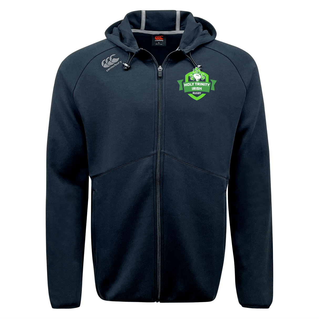 A Holy Trinity Rugby Canterbury Tempo Vapodri full-zip hoodie with a green logo on it.