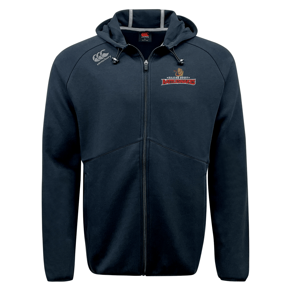 A navy hooded sweatshirt with an embroidered logo featuring the Raleigh Rattlesnakes rugby team, the Raleigh Rattlesnakes Rugby Tempo Full Zip-Hoodie by EMB Canterbury.