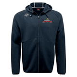 A navy hooded sweatshirt with an embroidered logo featuring the Raleigh Rattlesnakes rugby team, the Raleigh Rattlesnakes Rugby Tempo Full Zip-Hoodie by EMB Canterbury.
