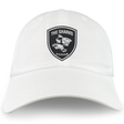 The Sharks Crest Cotton Twill Dad Cap by EMB S&S Activewear is a white dad cap with a black shark emblem and "THE SHARKS DURBAN" embroidered branding on the front.