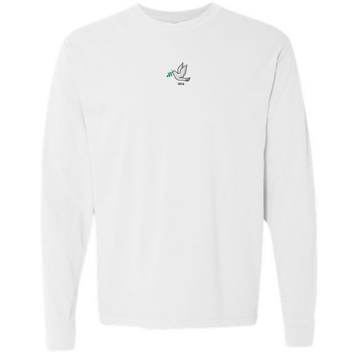 The Tonga Vintage Long Sleeve Comfort Tee by EMB S&S Activewear features a white design with a small bird and green twig graphic above "1944" on the chest, inspired by classic Tonga Vintage style.
