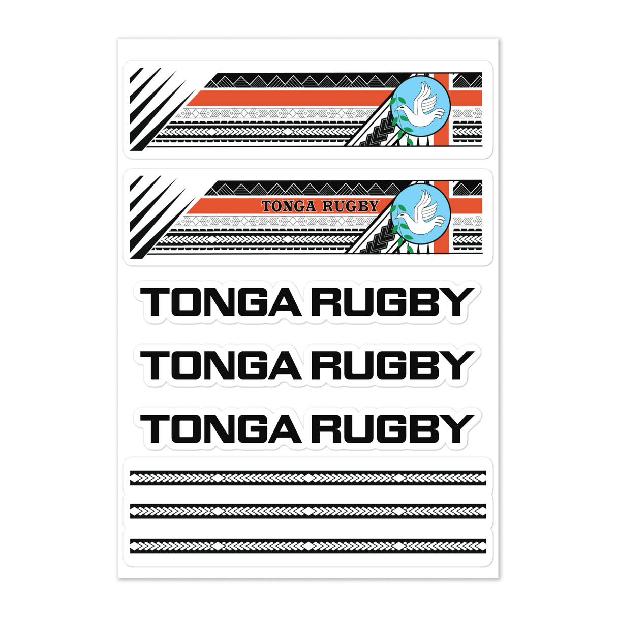 Product image of the PF LIC Tonga Rugby Sticker sheet, adorned with the text "Ikale Tahi" and showcasing traditional Tongan patterns in black, white, and red. This sticker sheet includes two horizontal banner designs and three text designs celebrating the pride of Tonga National Rugby Union.