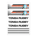 Product image of the PF LIC Tonga Rugby Sticker sheet, adorned with the text "Ikale Tahi" and showcasing traditional Tongan patterns in black, white, and red. This sticker sheet includes two horizontal banner designs and three text designs celebrating the pride of Tonga National Rugby Union.