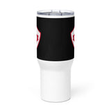 A spill-proof stainless Rugby Canada Travel Mug With Handle with a black and red PF LIC logo.