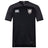 The Troy University Rugby Vapodri Evader Jersey by Canterbury, in black and dark gray with a collar, features a white logo on the left chest and an EMB Canterbury logo on the right. This jersey is enhanced with moisture-wicking technology to ensure optimal comfort during intense activities.