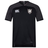 The Troy University Rugby Vapodri Evader Jersey by Canterbury, in black and dark gray with a collar, features a white logo on the left chest and an EMB Canterbury logo on the right. This jersey is enhanced with moisture-wicking technology to ensure optimal comfort during intense activities.