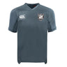Dark gray Troy University Rugby Vapodri Evader Jersey by EMB Canterbury, showcasing a Canterbury logo on the right chest and an emblem with "ATLT" on the left chest, designed with moisture-wicking technology for optimal comfort.
