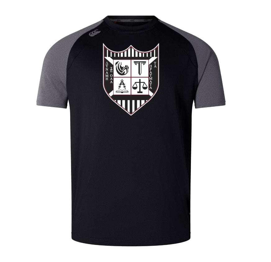 The Troy University Rugby Elite Training Tee by WRS Canterbury is a black and gray short-sleeve sports shirt featuring a shield emblem with athletic symbols, crafted from Vapodri fabrics. This lightweight and durable design exemplifies the quality and performance of Canterbury's elite training apparel.