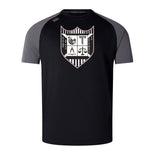 The Troy University Rugby Elite Training Tee by WRS Canterbury is a black and gray short-sleeve sports shirt featuring a shield emblem with athletic symbols, crafted from Vapodri fabrics. This lightweight and durable design exemplifies the quality and performance of Canterbury's elite training apparel.