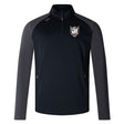 The Troy University Rugby Women's Elite First Layer by EMB Canterbury is a black and gray long-sleeve sports jacket featuring a quarter-zip front, a shield logo on the chest, and is crafted with honeycomb fabric for durability.