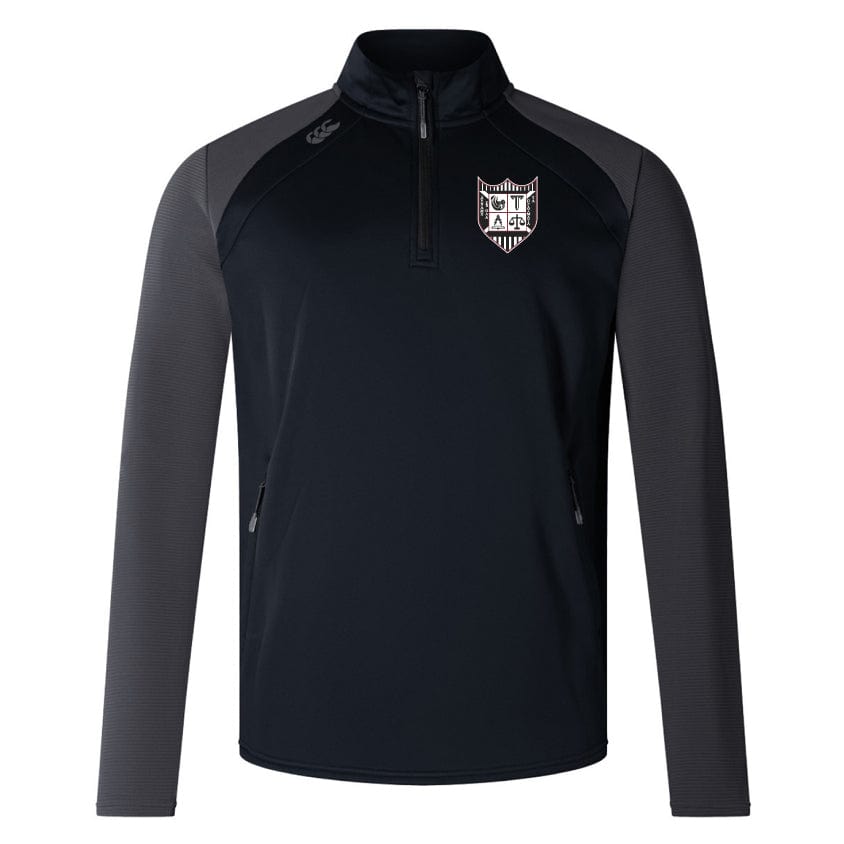 The Troy University Rugby Women's Elite First Layer by EMB Canterbury is a black and gray long-sleeve sports jacket featuring a quarter-zip front, a shield logo on the chest, and is crafted with honeycomb fabric for durability.