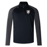 The Troy University Rugby Women's Elite First Layer by EMB Canterbury is a black and gray long-sleeve sports jacket featuring a quarter-zip front, a shield logo on the chest, and is crafted with honeycomb fabric for durability.