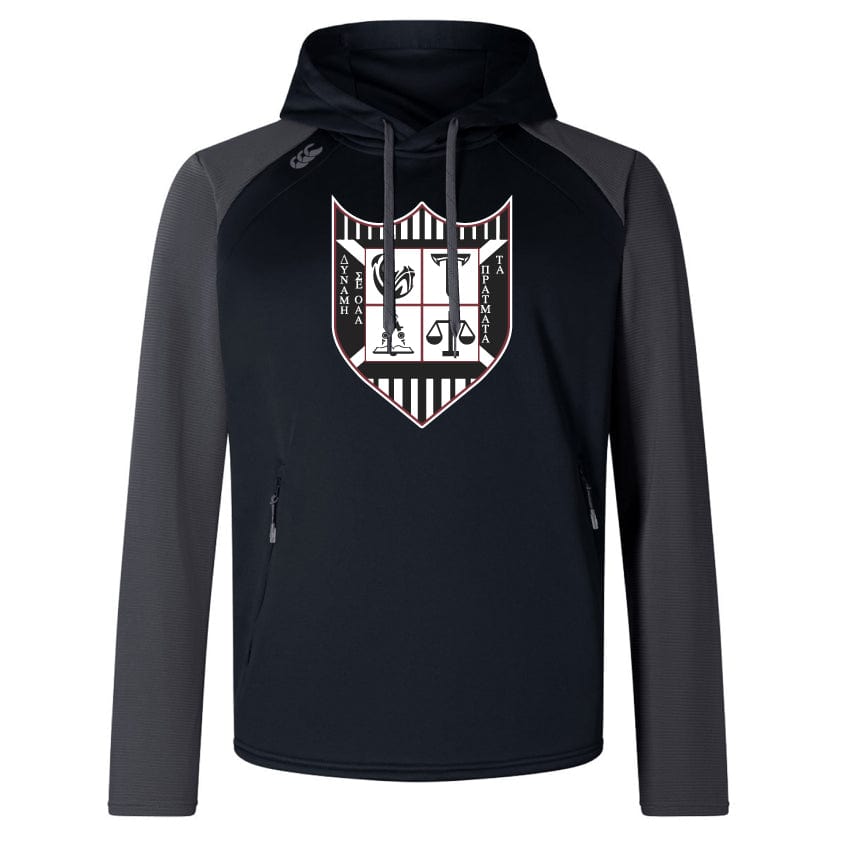 Introducing the Troy University Rugby Elite Training Hoody by WRS Canterbury, designed for optimal performance and comfort. This stylish black and gray hoody features a unique shield emblem with a scale, palm tree, and white text on the front. Crafted from lower impact materials, it seamlessly blends functionality with an eco-friendly approach.