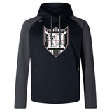 Introducing the Troy University Rugby Elite Training Hoody by WRS Canterbury, designed for optimal performance and comfort. This stylish black and gray hoody features a unique shield emblem with a scale, palm tree, and white text on the front. Crafted from lower impact materials, it seamlessly blends functionality with an eco-friendly approach.