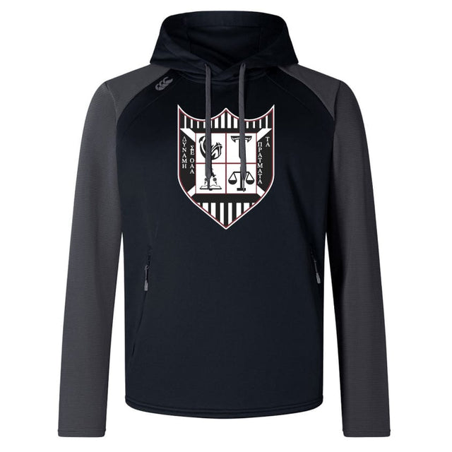 Introducing the Troy University Rugby Elite Training Hoody by WRS Canterbury, designed for optimal performance and comfort. This stylish black and gray hoody features a unique shield emblem with a scale, palm tree, and white text on the front. Crafted from lower impact materials, it seamlessly blends functionality with an eco-friendly approach.