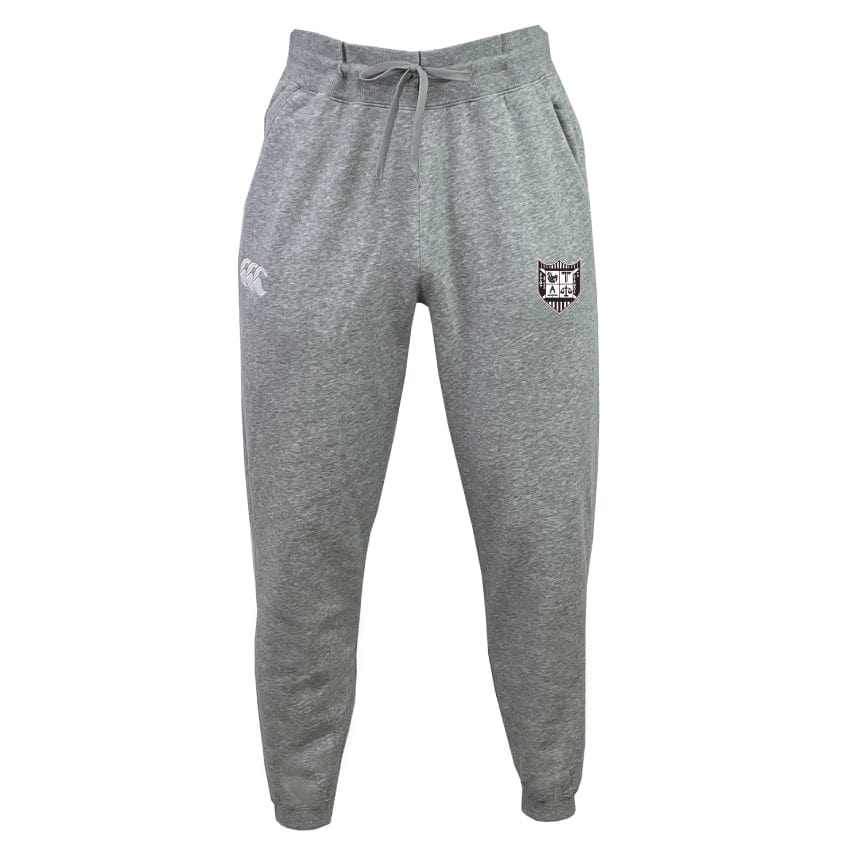 The Troy University Rugby Leisure Sweatpant by EMB Canterbury is made from a blend of recycled polyester and organic cotton, featuring an elastic waistband with a drawstring and logos on both thighs.