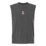 The University of Alabama Rugby Unisex Muscle Tee by EMB S&S Activewear is a sleeveless, dark gray heavyweight cotton top with a small red and white geometric emblem on the center chest.