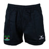 Twin Island Rugby Kiwi Pro Shorts by EMB Gilbert are black, featuring an elastic waistband. A logo with palm trees and a surfer adorns the left leg, while the "GILBERT" brand logo is displayed on the right leg.