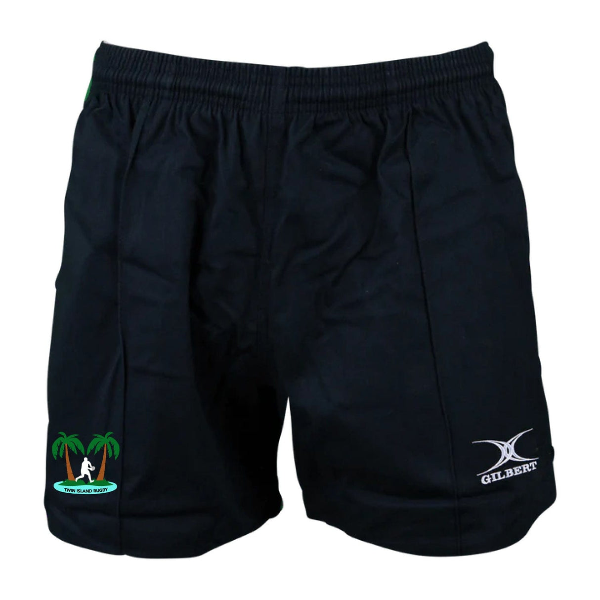 The Twin Island Rugby Kiwi Pro Rugby Shorts by EMB Gilbert are black athletic shorts featuring an elastic waistband, with a palm tree and wave logo adorning one leg. The "GILBERT" logo is prominently displayed on the other, making them perfect for fans of Gilbert rugby shorts.