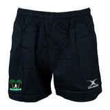 The Twin Island Rugby Kiwi Pro Rugby Shorts by EMB Gilbert are black athletic shorts featuring an elastic waistband, with a palm tree and wave logo adorning one leg. The "GILBERT" logo is prominently displayed on the other, making them perfect for fans of Gilbert rugby shorts.