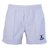 The Gilbert Kiwi Pro Short 3-Pack Bundle by Bundle Gilbert offers white athletic rugby shorts with an elastic waistband and iconic Gilbert logo on the lower left. Ideal for casual wear or training, they guarantee comfort and performance.