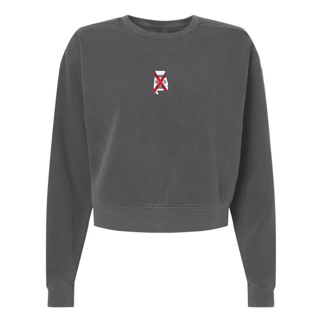 The EMB S&S Activewear Women's University of Alabama Rugby Mid-Length Crewneck Sweatshirt features a charcoal gray color and a small red and white geometric chest design inspired by classic rugby styles.