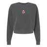 The EMB S&S Activewear Women's University of Alabama Rugby Mid-Length Crewneck Sweatshirt features a charcoal gray color and a small red and white geometric chest design inspired by classic rugby styles.
