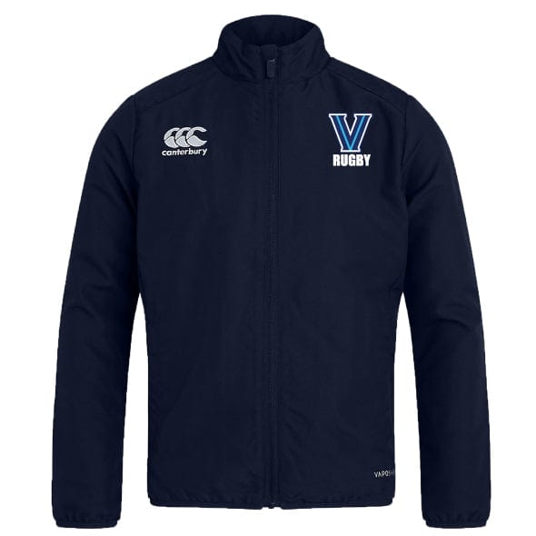 The Villanova Rugby Club Track Jacket by EMB Canterbury is a lightweight navy rugby jacket featuring Canterbury's logo on the left chest and a "V Rugby" emblem on the right. It's designed as a quick-drying club track jacket, ideal for casual wear and sporty activities.