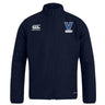 The Villanova Rugby Club Track Jacket by EMB Canterbury is a lightweight navy rugby jacket featuring Canterbury's logo on the left chest and a "V Rugby" emblem on the right. It's designed as a quick-drying club track jacket, ideal for casual wear and sporty activities.