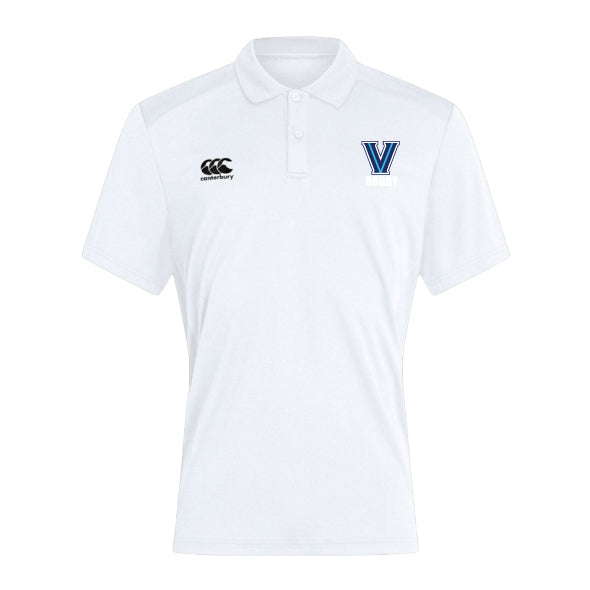 The Villanova Rugby Club Dry Polo by EMB Canterbury is a white polo shirt featuring a collar, Canterbury logos, and a large blue "V" on the chest. Designed with Vapodri Technology for breathability, it offers comfort in any condition while showcasing classic style.