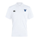 The Villanova Rugby Club Dry Polo by EMB Canterbury is a white polo shirt featuring a collar, Canterbury logos, and a large blue "V" on the chest. Designed with Vapodri Technology for breathability, it offers comfort in any condition while showcasing classic style.