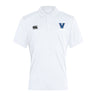 The Villanova Rugby Club Dry Polo by EMB Canterbury is a white polo shirt featuring a collar, Canterbury logos, and a large blue "V" on the chest. Designed with Vapodri Technology for breathability, it offers comfort in any condition while showcasing classic style.