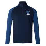 The Villanova Rugby Elite First Layer by EMB Canterbury is a navy and blue jacket with long sleeves, featuring a "V" logo and "RUGBY" on the front, perfect for training while combining classic style and comfort.