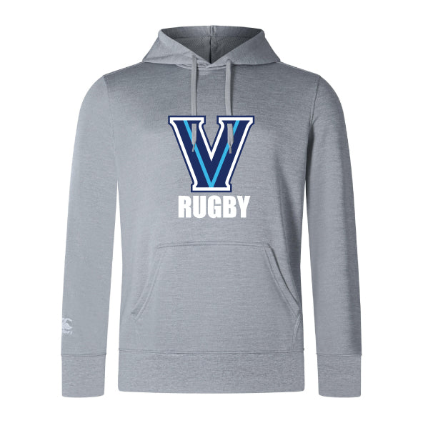 WRS Canterbury's Villanova Rugby Club Lightweight Hoodie features a gray color with a prominent blue and white "V" and "RUGBY" printed on the front.