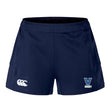 Navy blue Villanova Rugby Women's Advantage Short 2.0 by EMB Canterbury showcases white logos on each side, "Rugby" text with a "V" emblem on the right, combining performance and sustainability through recycled content.