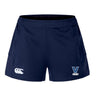 Navy blue Villanova Rugby Women's Advantage Short 2.0 by EMB Canterbury showcases white logos on each side, "Rugby" text with a "V" emblem on the right, combining performance and sustainability through recycled content.