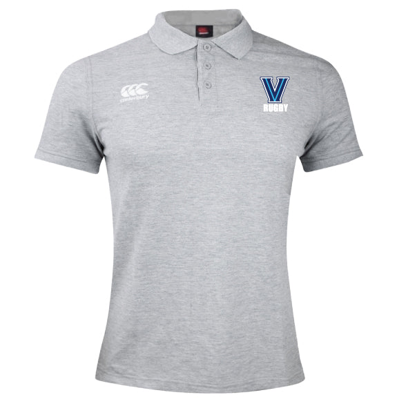 The Villanova Rugby Waimak Polo by EMB Canterbury features a collar, "V Rugby" logo, and Canterbury logo on the chest. Made from a comfortable cotton-polyester blend.