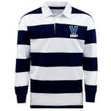 Explore the Villanova Rugby Classic Long Sleeve Hooped Rugby Jersey by EMB Mudoo, featuring navy and white stripes, a crisp collar, and the iconic "V Rugby" logo on the chest. Perfect for timeless style on and off the field.