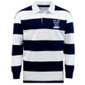 Explore the Villanova Rugby Classic Long Sleeve Hooped Rugby Jersey by EMB Mudoo, featuring navy and white stripes, a crisp collar, and the iconic "V Rugby" logo on the chest. Perfect for timeless style on and off the field.