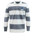 The Villanova Rugby Classic Long Sleeve Hooped Rugby Jersey by EMB Mudoo boasts wide gray and white horizontal stripes, a classic collar, and long sleeves. Ideal for leisurewear, the "V Rugby" logo enhances its authenticity and style.